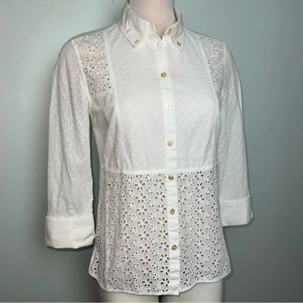Tory Burch White Eyelet Button Down Blouse Peplum Shirt Size 4 Cotton Lace